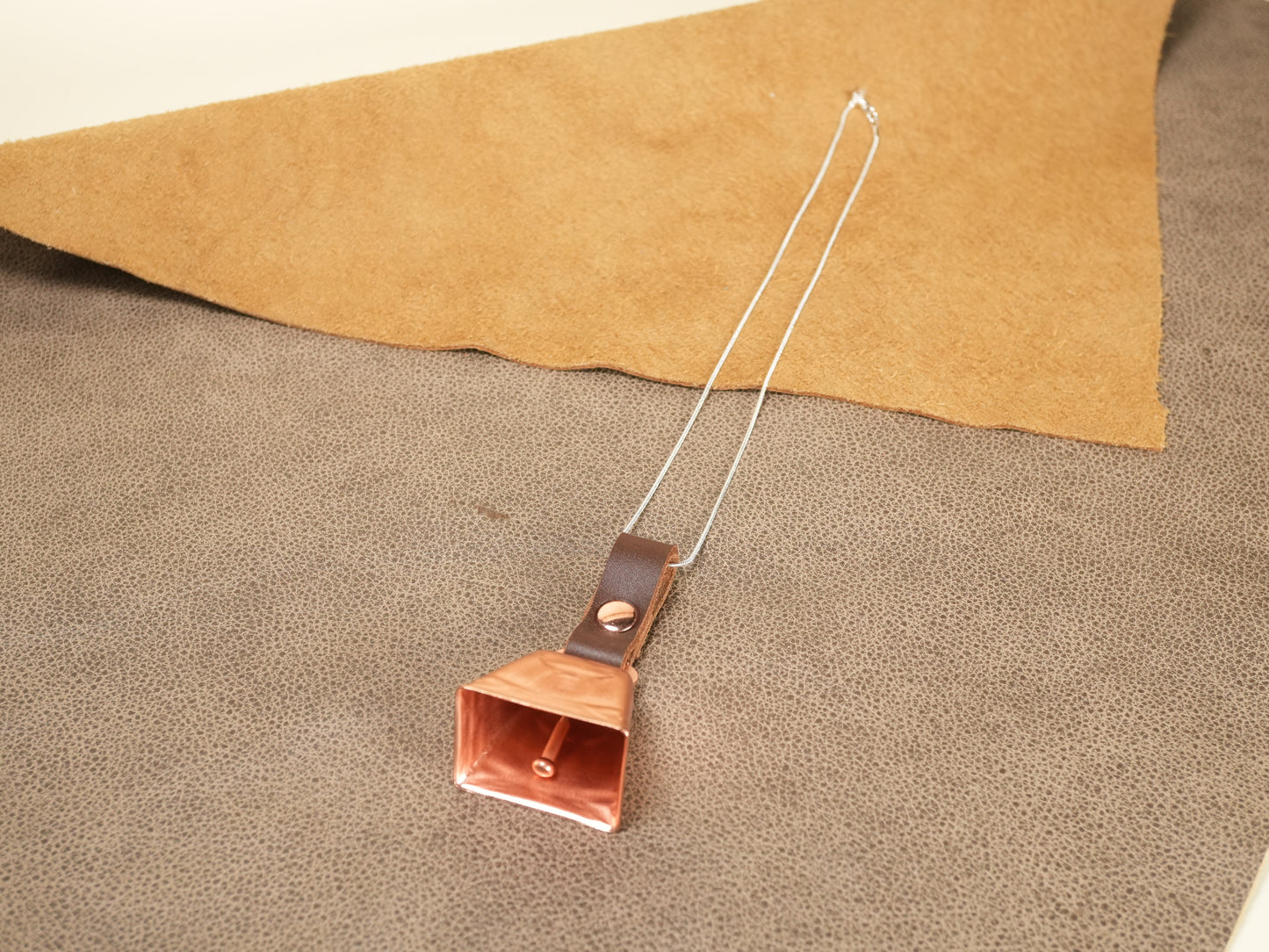 Farmhouse Necklace with Copper Cowbell and Silver Chain