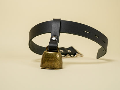 Locking Hucow Collar with Antique Brass Cowbell in Black Leather