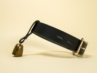 Locking Hucow Collar with Antique Brass Cowbell in Black Leather