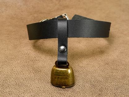 Locking Hucow Collar with Antique Brass Cowbell in Black Leather