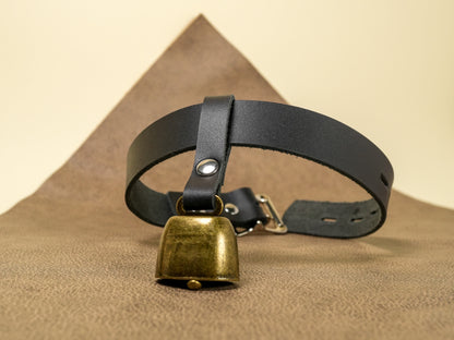 Locking Hucow Collar with Antique Brass Cowbell in Black Leather