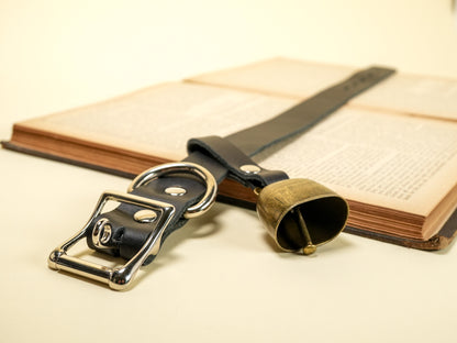 Locking Hucow Collar with Antique Brass Cowbell in Black Leather