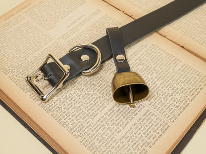 Locking Hucow Collar with Antique Brass Cowbell in Black Leather
