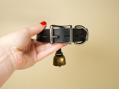 Locking Hucow Collar with Antique Brass Cowbell in Black Leather