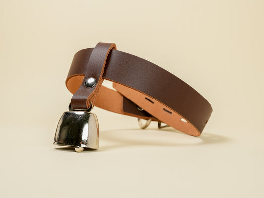 Locking Hucow Collar with Silver Cowbell in Brown Leather