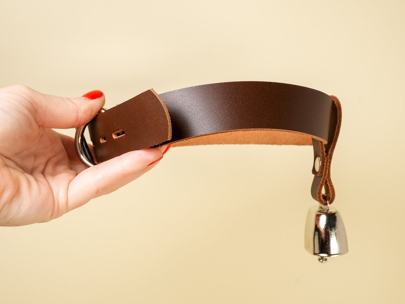 Locking Hucow Collar with Silver Cowbell in Brown Leather