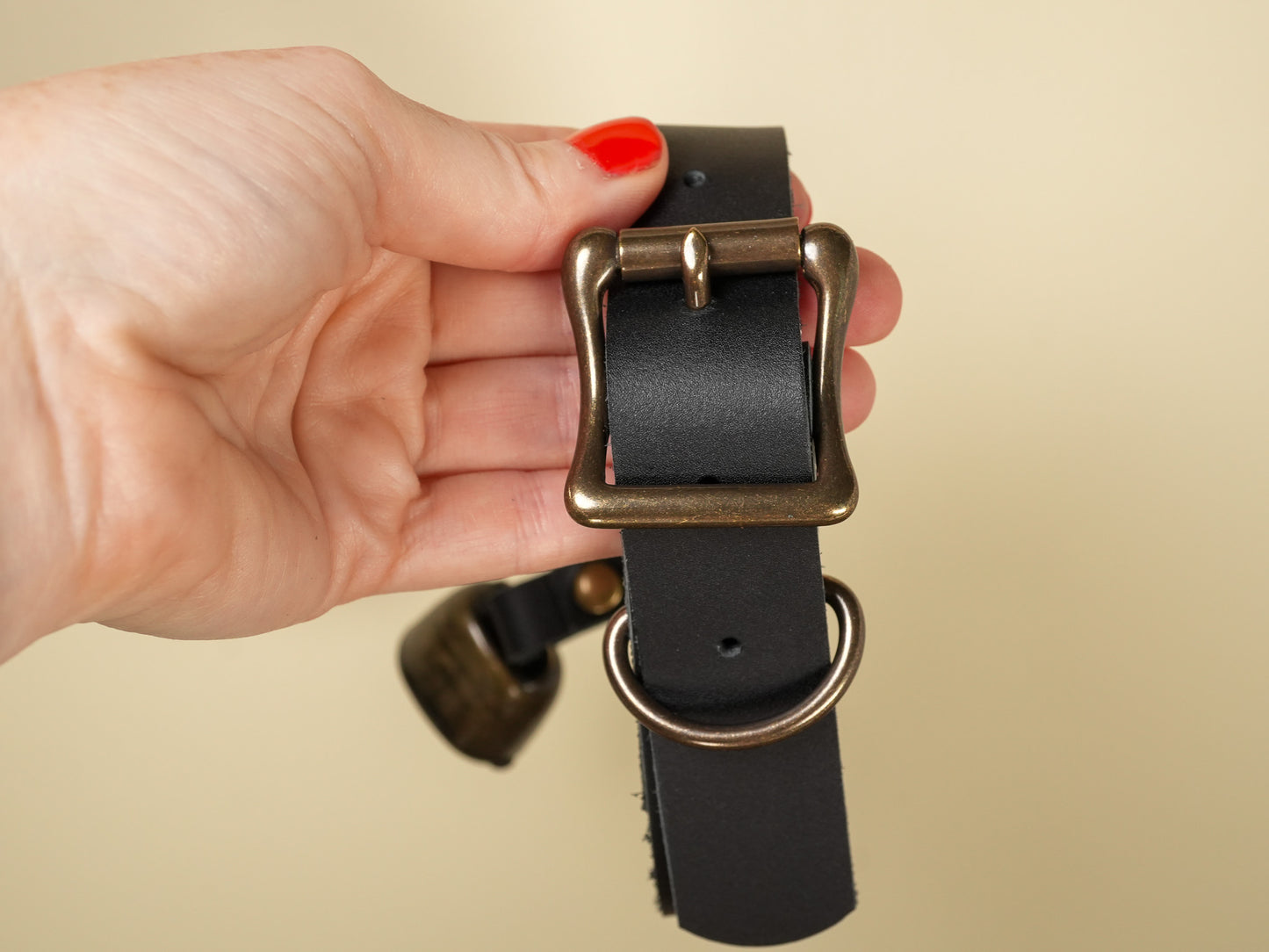 Hucow Collar with Antique Brass Cowbell in Black Leather