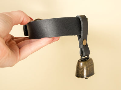 Hucow Collar with Antique Brass Cowbell in Black Leather