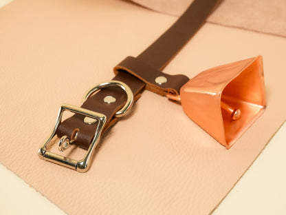 Locking Hucow Collar with Copper Cowbell in Brown Leather