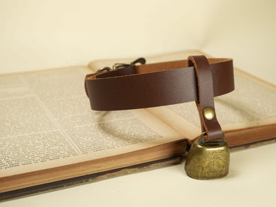 Bound by Dave brown leather strap with attached brass cowbell resting on an open book
