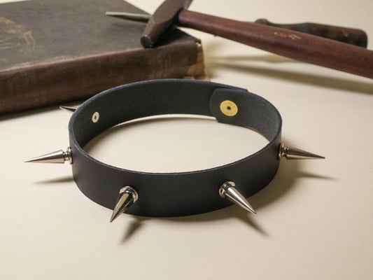 Black leather Goth Choker with silver spikes and magnetic clasp by Bound by Dave