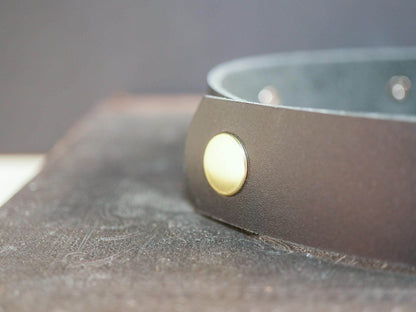 Bound by Dave black leather Goth Choker with gold-tone metal stud detail on brown surface