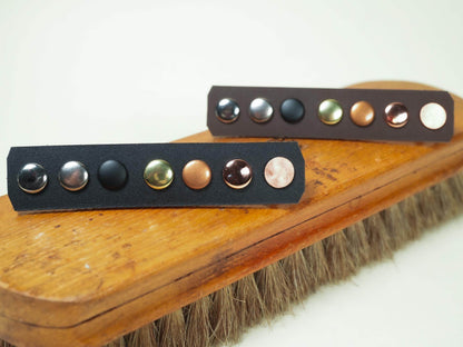 Bound by Dave black leather bracelet featuring multiple metal studs including Heart Lock design