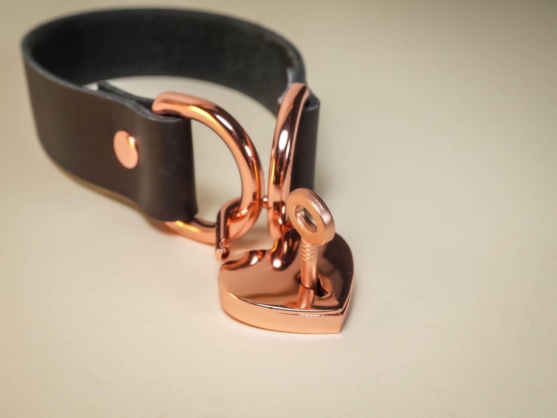 Bound by Dave black leather bracelet with rose gold Heart Lock and matching key charm