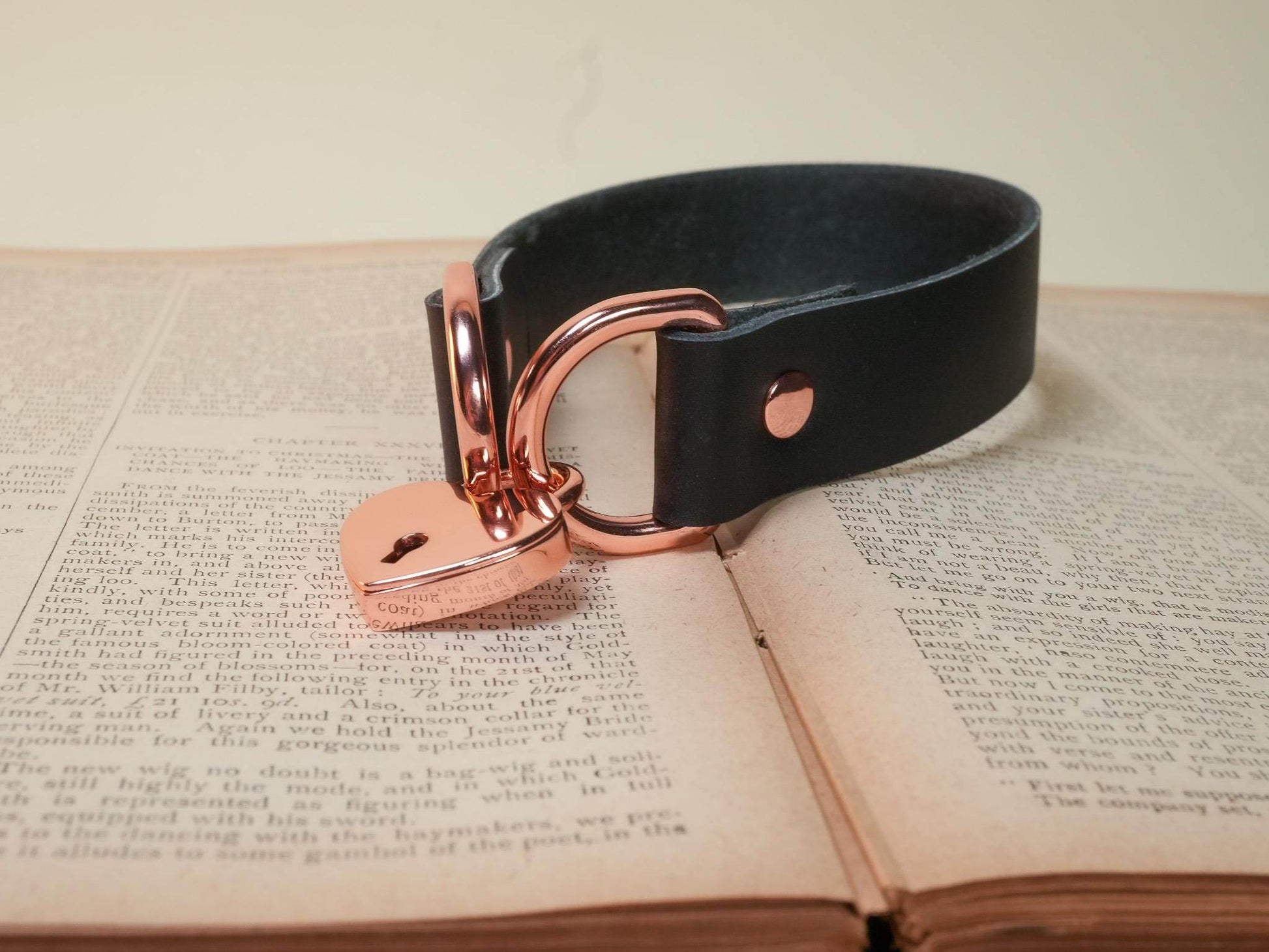 Bound by Dave black leather collar with rose gold Heart Lock padlock on an open book