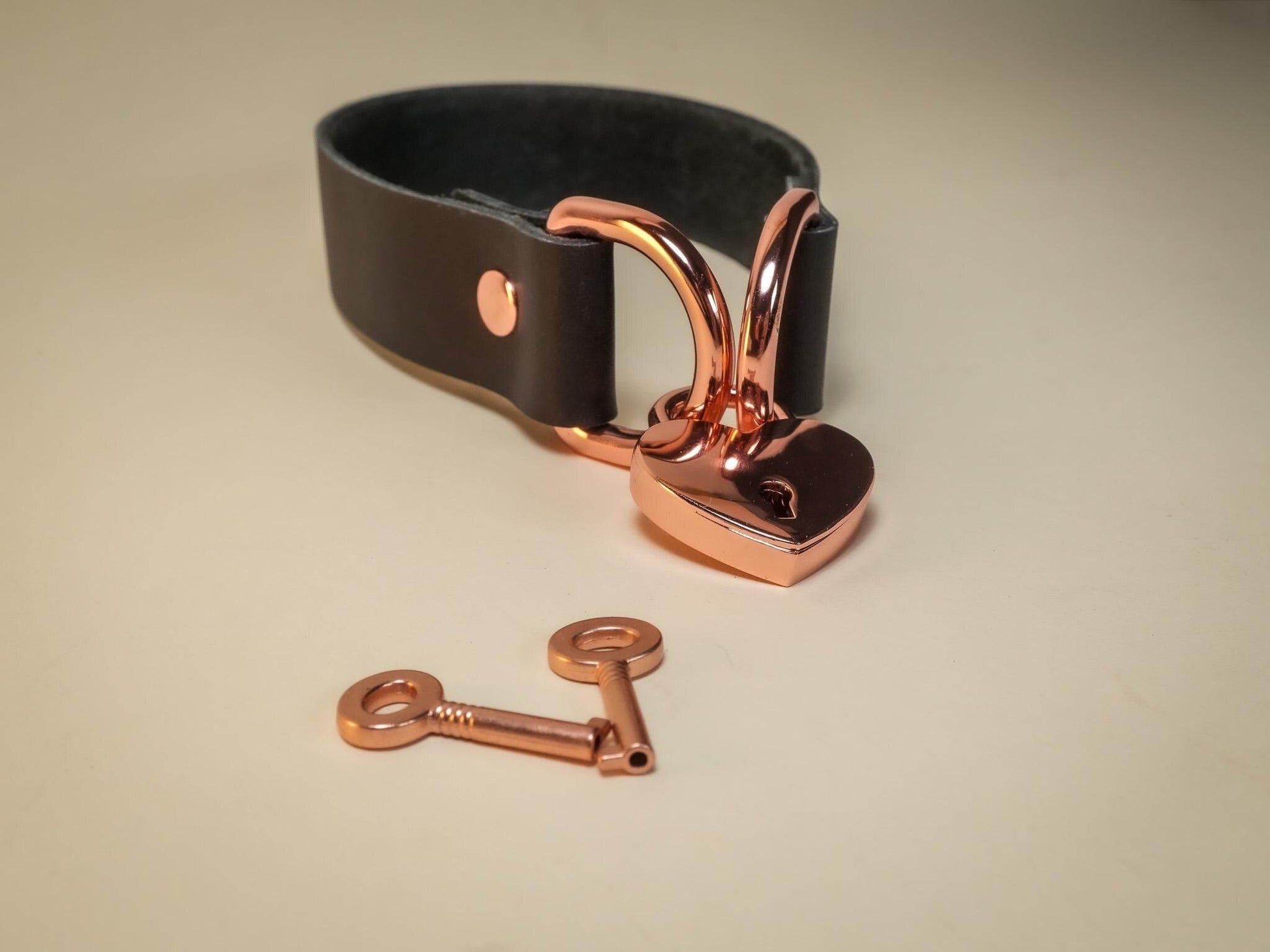 Bound by Dave leather cuff with rose gold Heart Lock and two matching keys