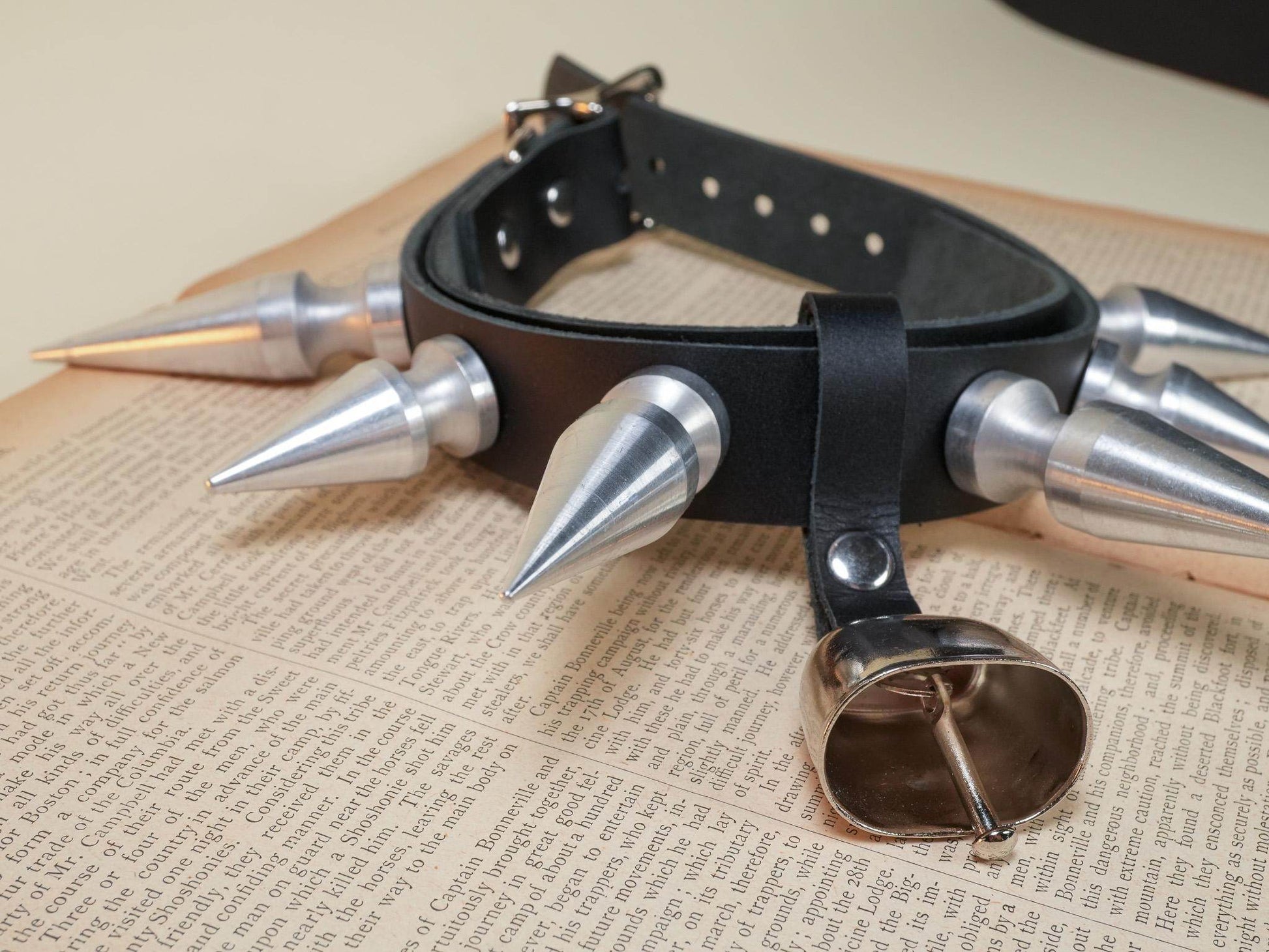 Bound by Dave black leather hucow collar with large silver spikes and attached bell