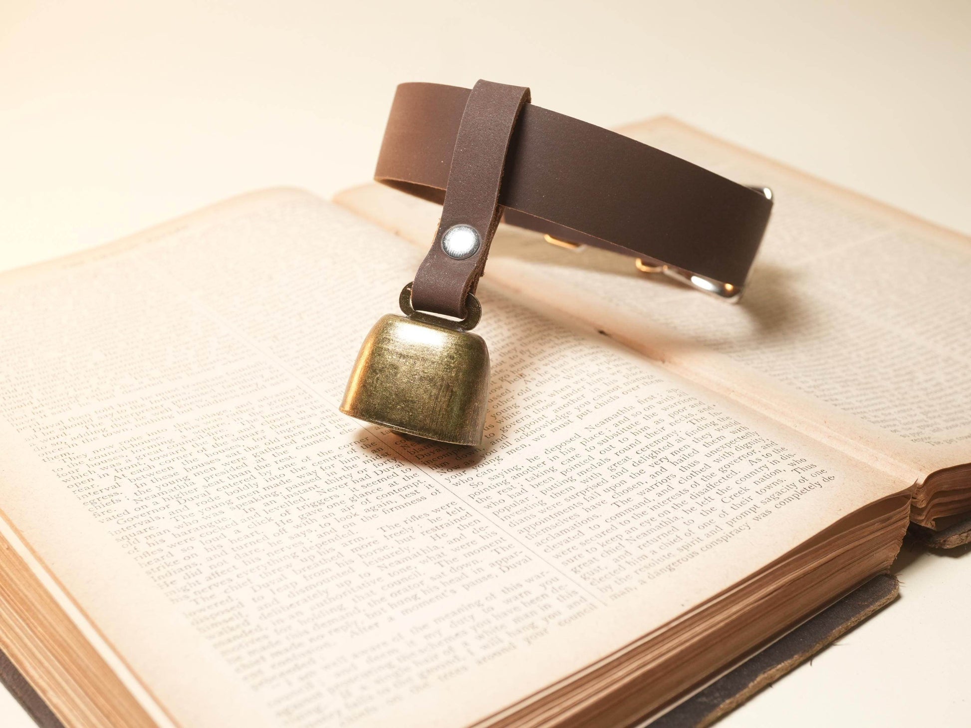 Bound by Dave Hucow Collar with brown leather strap and brass bell placed on an open book