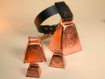 Bound by Dave Hucow Collar with adjustable black strap and copper cowbells of various sizes