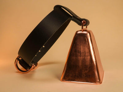 Black leather strap with copper triangle bell Hucow Collar by Bound by Dave