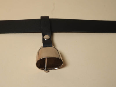 Bound by Dave black leather belt with silver cowbell accessory for hucow role play