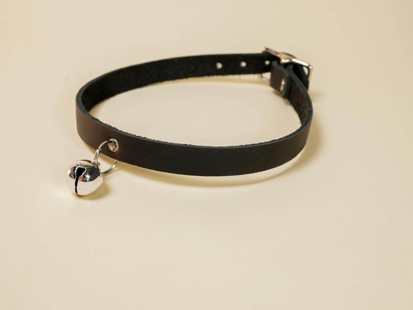 Black leather kitten collar with silver bell and adjustable buckle by Bound by Dave