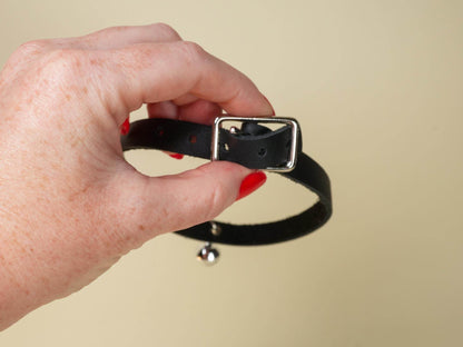 Black kitten collar with silver buckle and bell held by hand with red nail polish