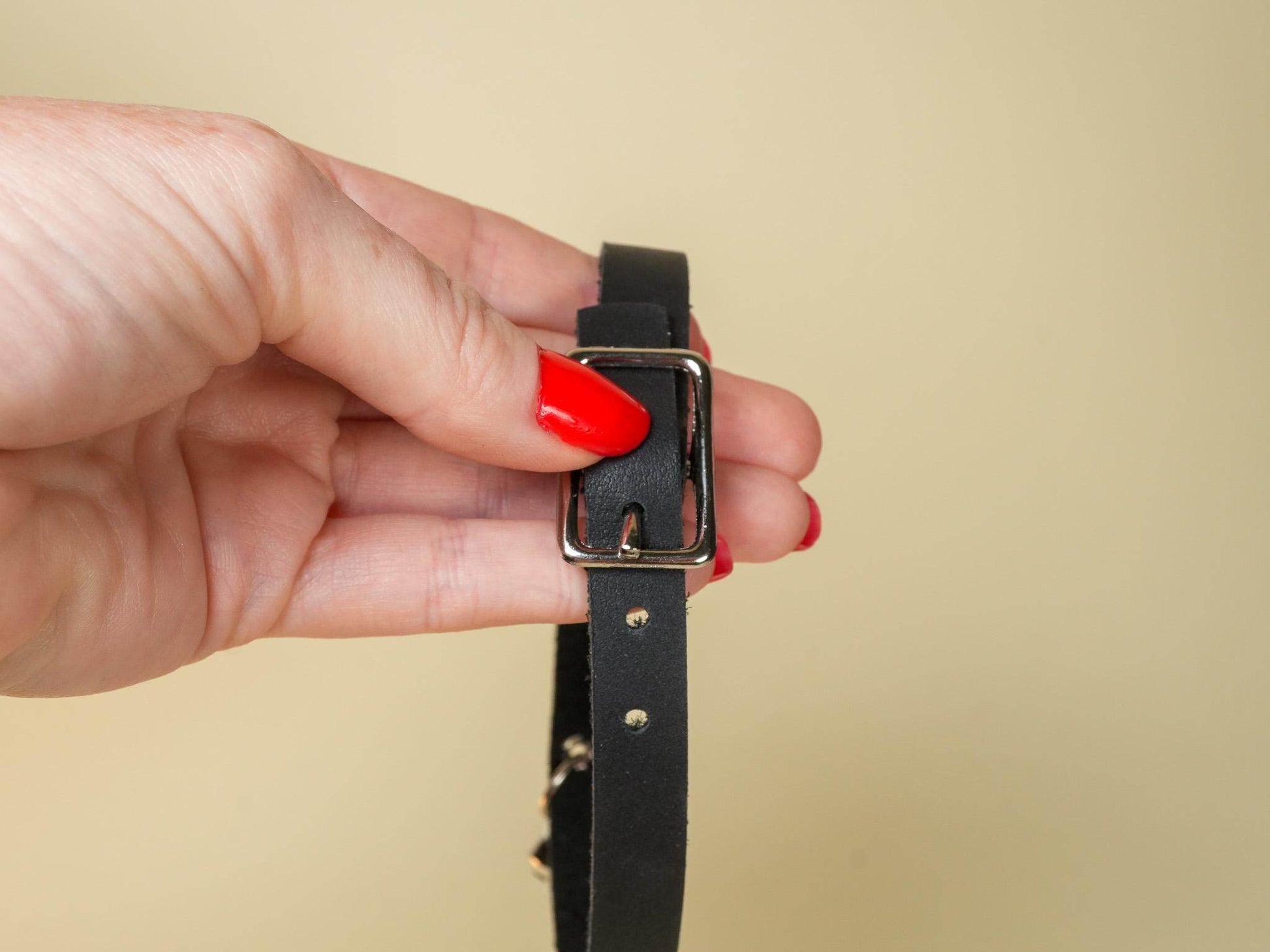 Hand holding a black leather kitten collar with metal buckle from Bound by Dave