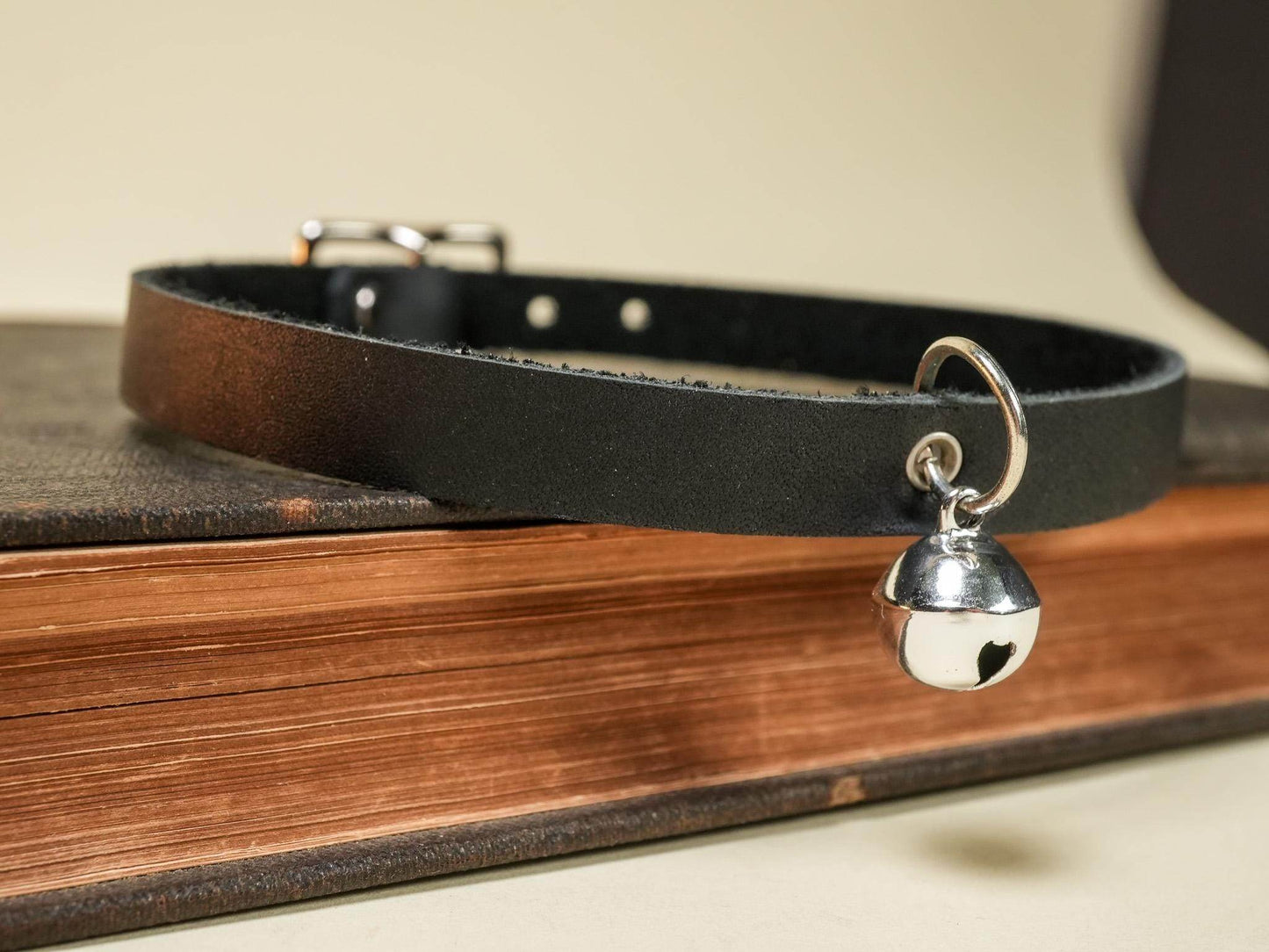Bound by Dave black kitten collar with silver bell and buckle resting on a closed book