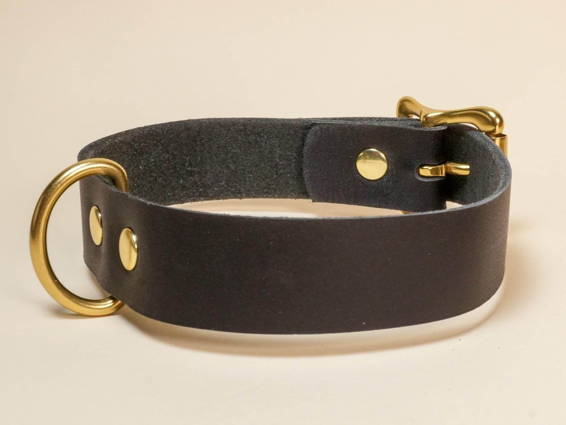 Bound by Dave black leather day collar with gold metal buckle and D-ring for dogs