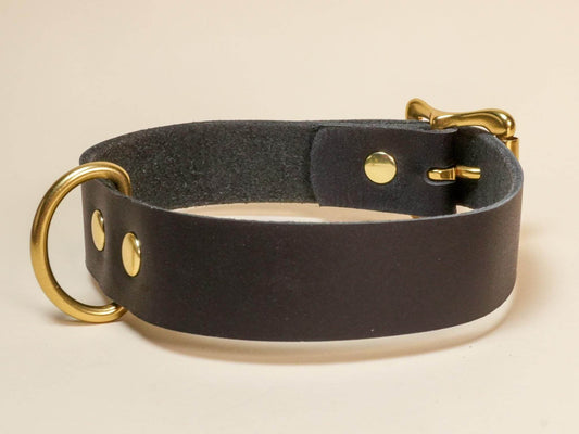 Bound by Dave black leather day collar with gold metal buckle and D-ring for dogs