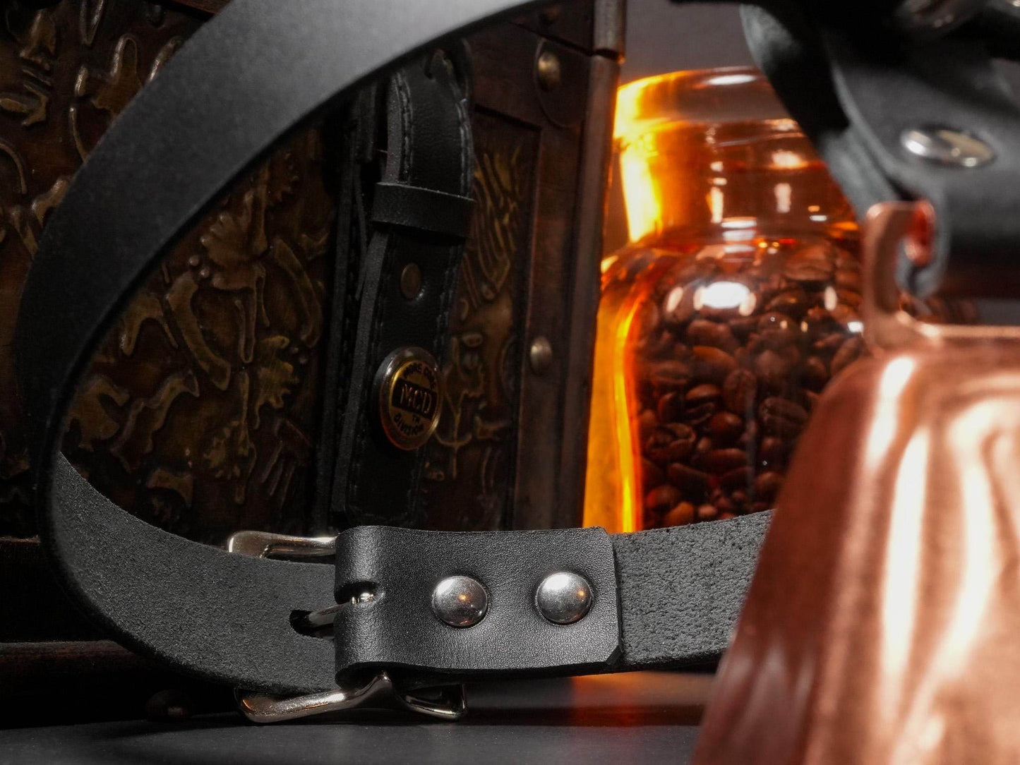 Bound by Dave black leather Locking Collar with metal rivets and buckle on dark background