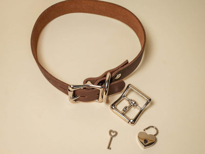 Bound by Dave Locking Sub Collar in brown leather with silver buckle and heart-shaped lock key