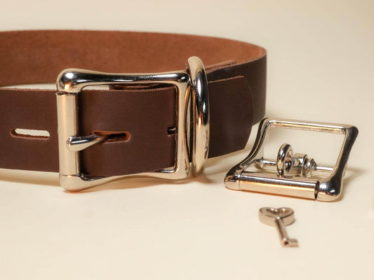 Bound by Dave brown leather Locking Sub Collar with metal buckle and small key lock