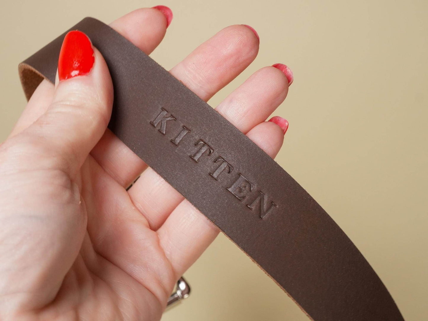 Bound by Dave brown leather Locking Sub Collar with embossed KITTEN text held in hand