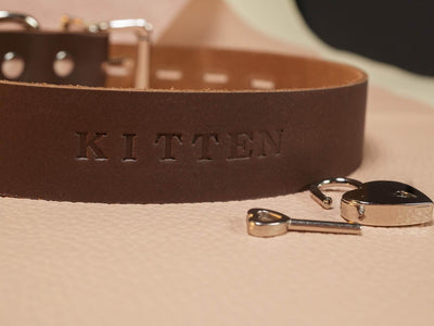 Bound by Dave brown leather Locking Sub Collar with silver padlock and key on beige surface