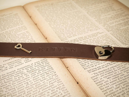 Bound by Dave Locking Sub Collar in brown leather with heart-shaped lock and key design