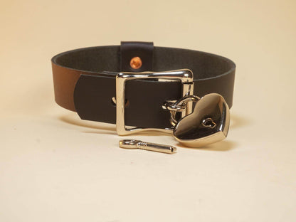Bound by Dave black leather Locking Sub Collar with heart-shaped silver lock and key