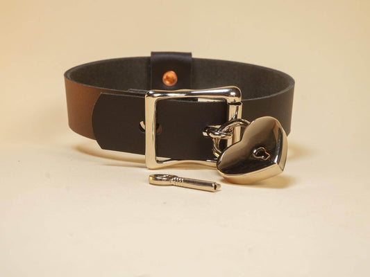 Bound by Dave black leather Locking Sub Collar with heart-shaped silver lock and key