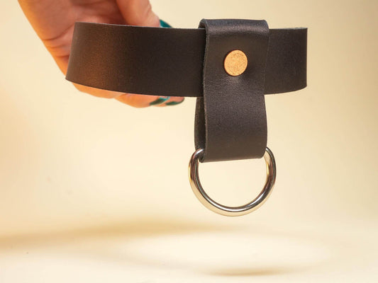 Black leather Locking Sub Collar with metal ring and gold-tone rivet by Bound by Dave