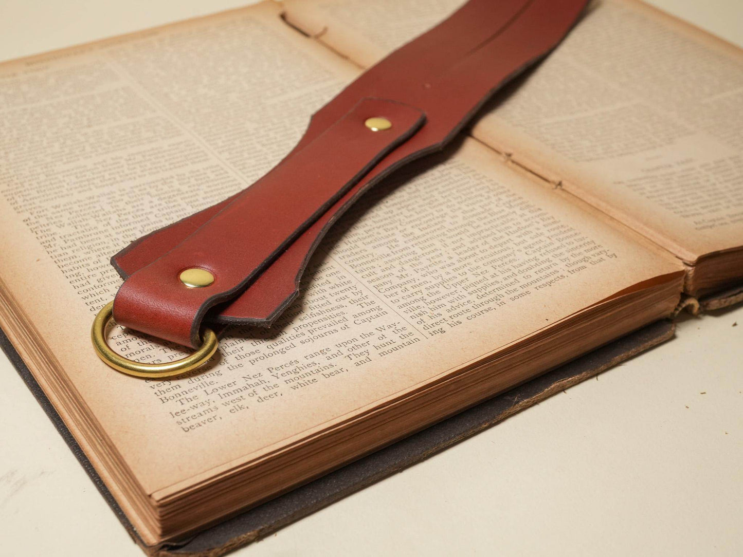 Brown leather Tawse with brass rivets and ring placed on open vintage book by Bound by Dave