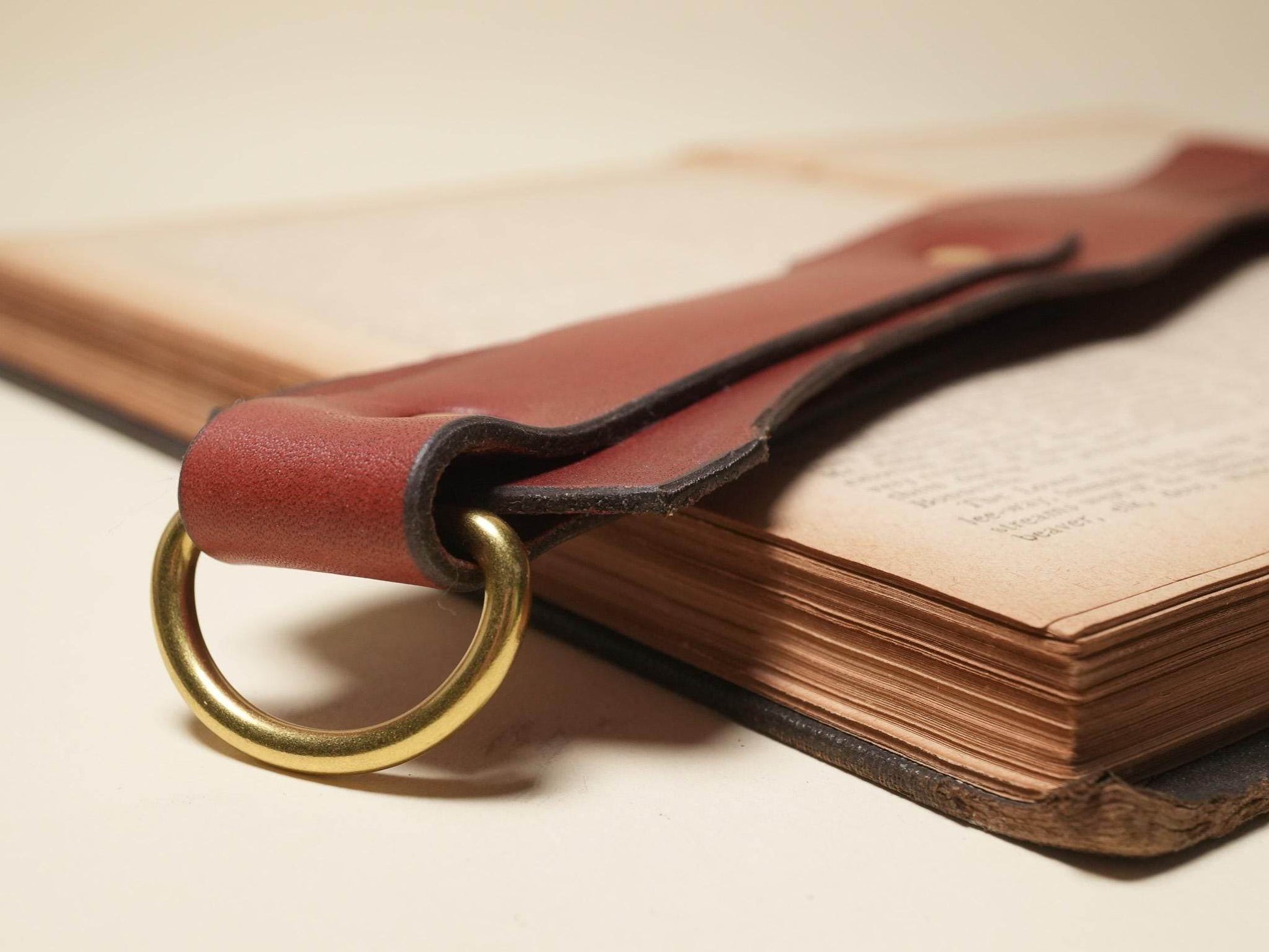 Bound by Dave leather Tawse with brass ring detail resting on open book pages